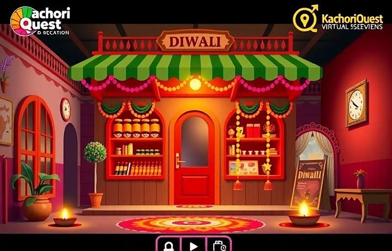 KachoriQuest Diwali Event KachoriQuest Diwali event showing a virtual shop decorated with colorful lights, rangoli patterns, and diyas