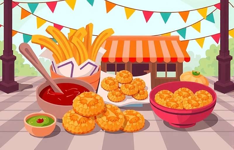 KachoriQuest Future Update Concept art for KachoriQuest's upcoming Street Food Festival expansion showing various Indian street foods alongside kachoris