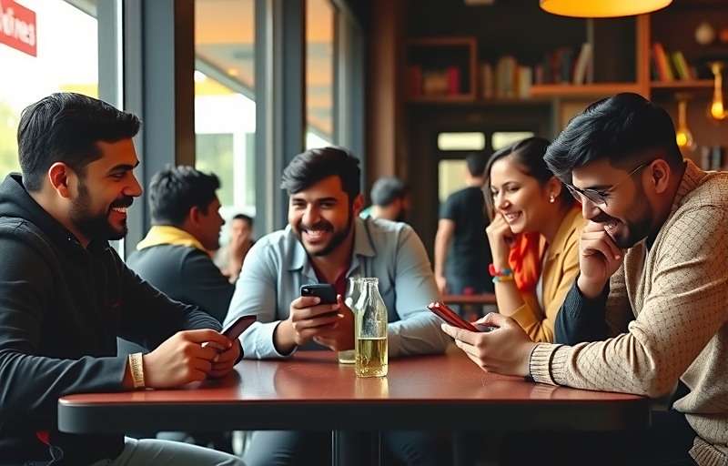 KachoriQuest Community Group of Indian players sitting in a café, laughing and playing KachoriQuest on their mobile phones