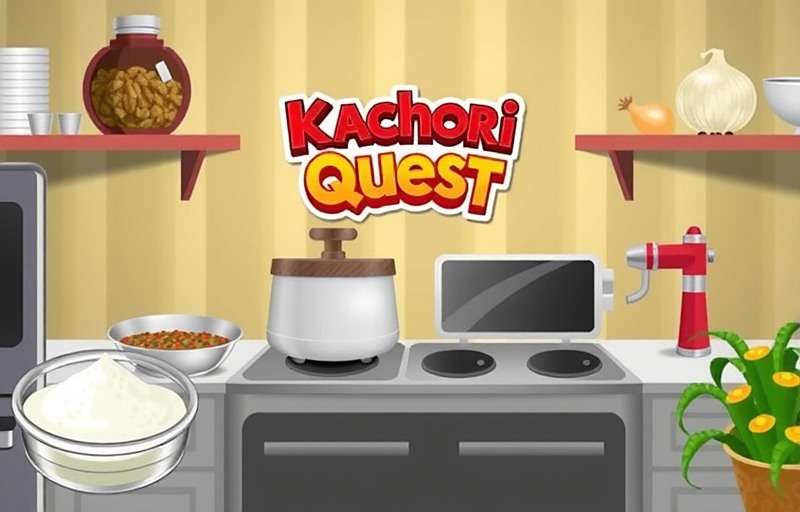KachoriQuest Gameplay Screenshot KachoriQuest gameplay showing a virtual kitchen with ingredients like flour, spices, and onions for making kachoris